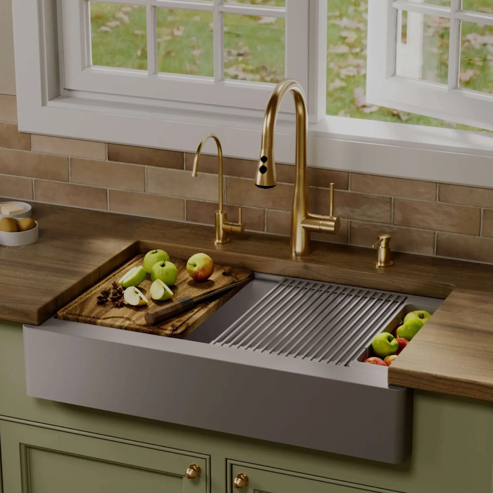 Karran 34" Quartz Composite Retrofit Workstation Farmhouse Sink, Grey, QARWS-740-GR-PK2
