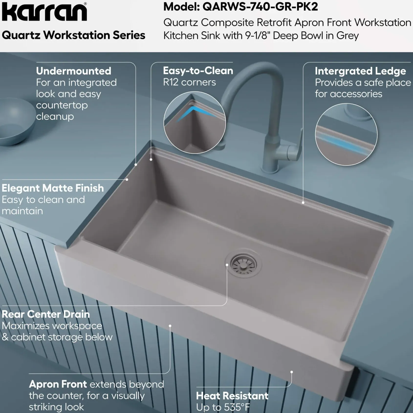 Karran 34" Quartz Composite Retrofit Workstation Farmhouse Sink, Grey, QARWS-740-GR-PK2
