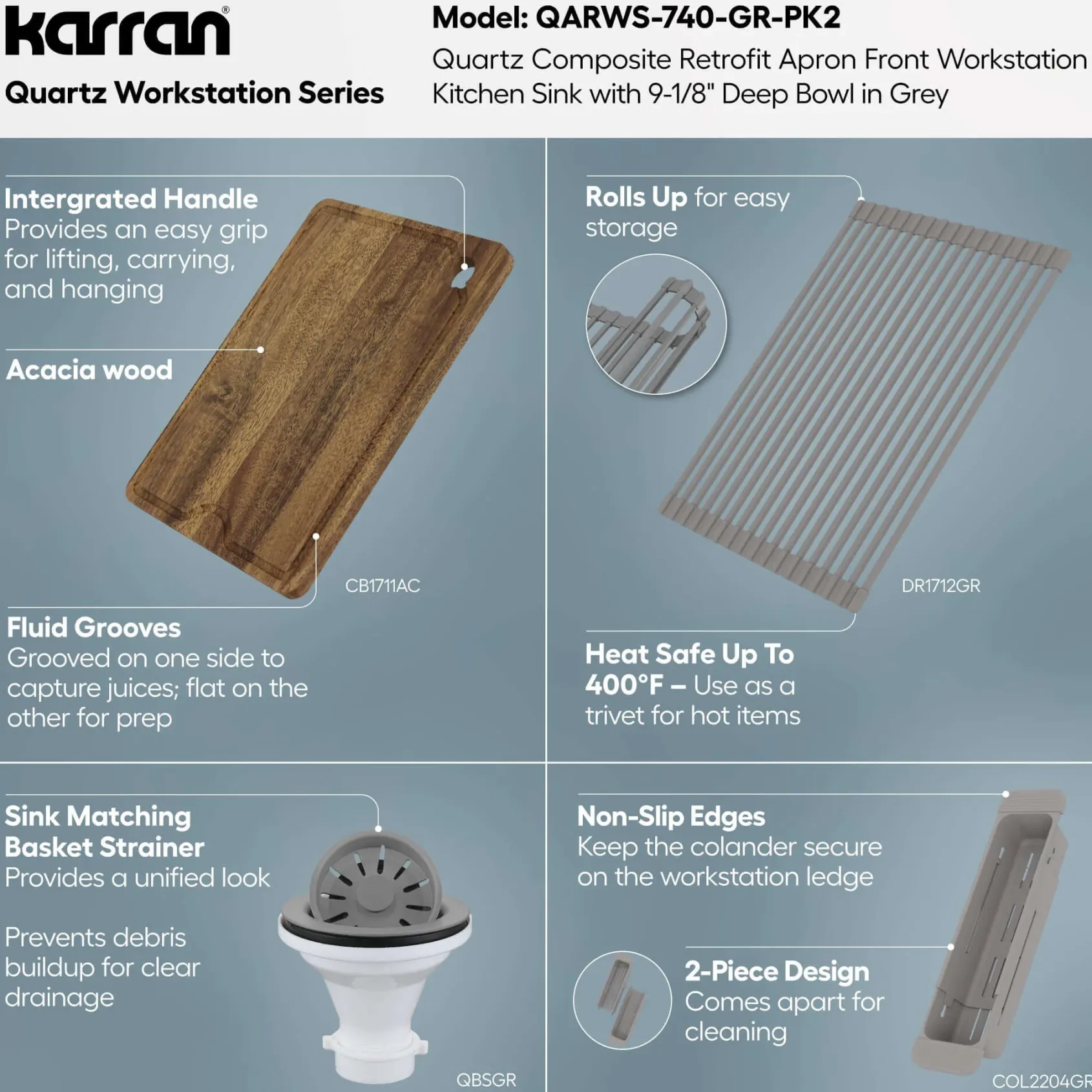 Karran 34" Quartz Composite Retrofit Workstation Farmhouse Sink, Grey, QARWS-740-GR-PK2