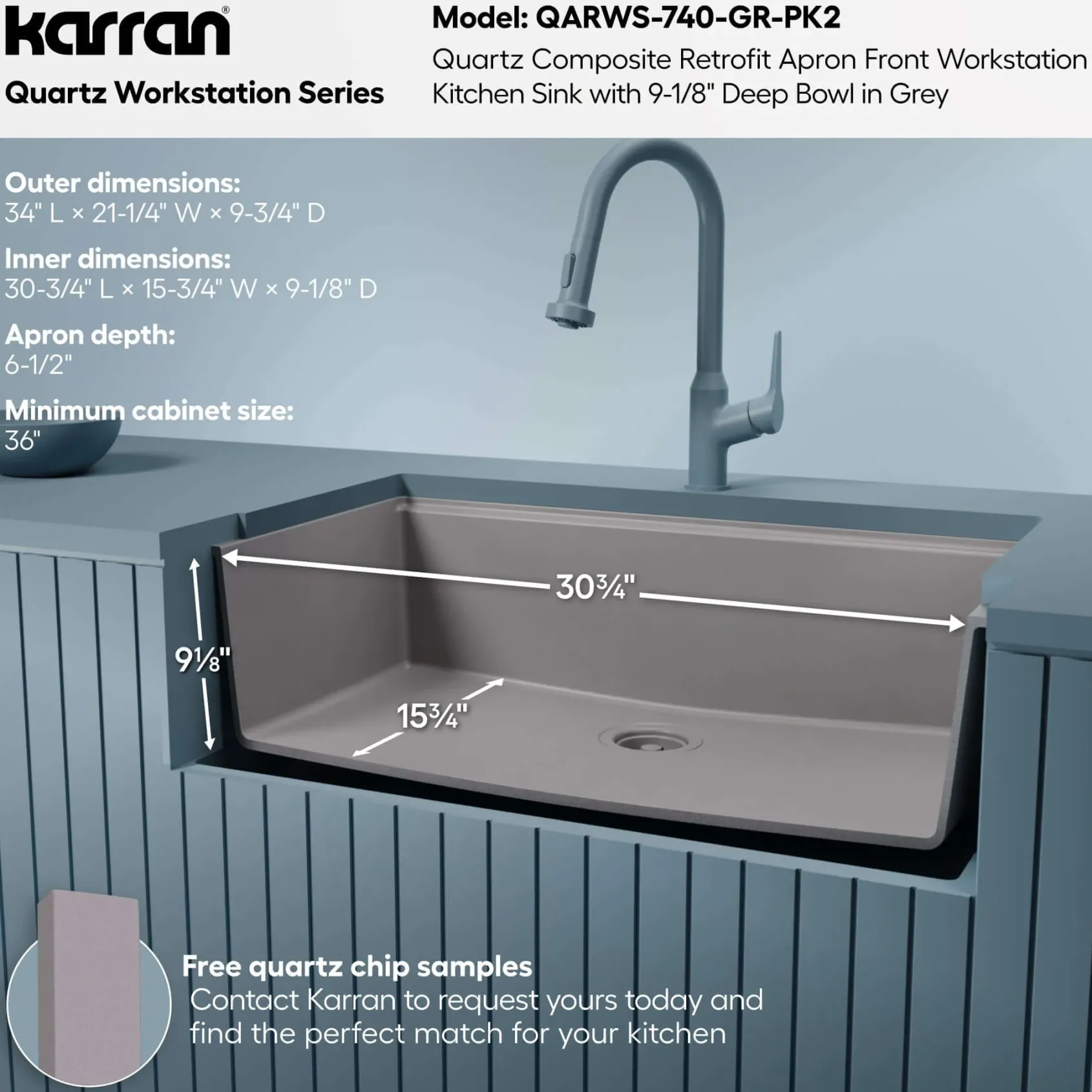 Karran 34" Quartz Composite Retrofit Workstation Farmhouse Sink, Grey, QARWS-740-GR-PK2