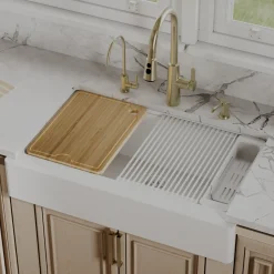 Karran 34" Quartz Composite Retrofit Workstation Farmhouse Sink, White, QARWS-740-WH-PK2