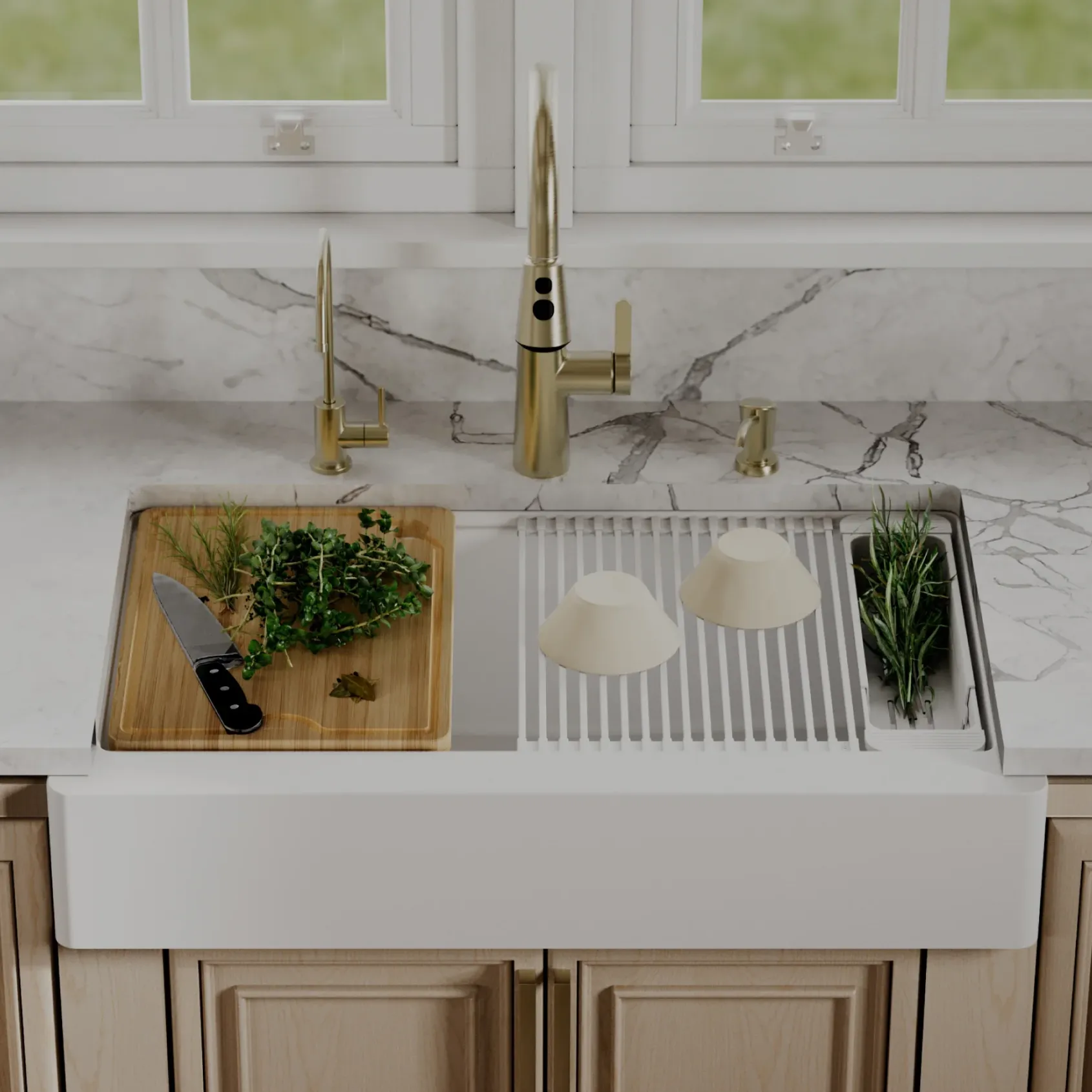 Karran 34" Quartz Composite Retrofit Workstation Farmhouse Sink, White, QARWS-740-WH-PK2