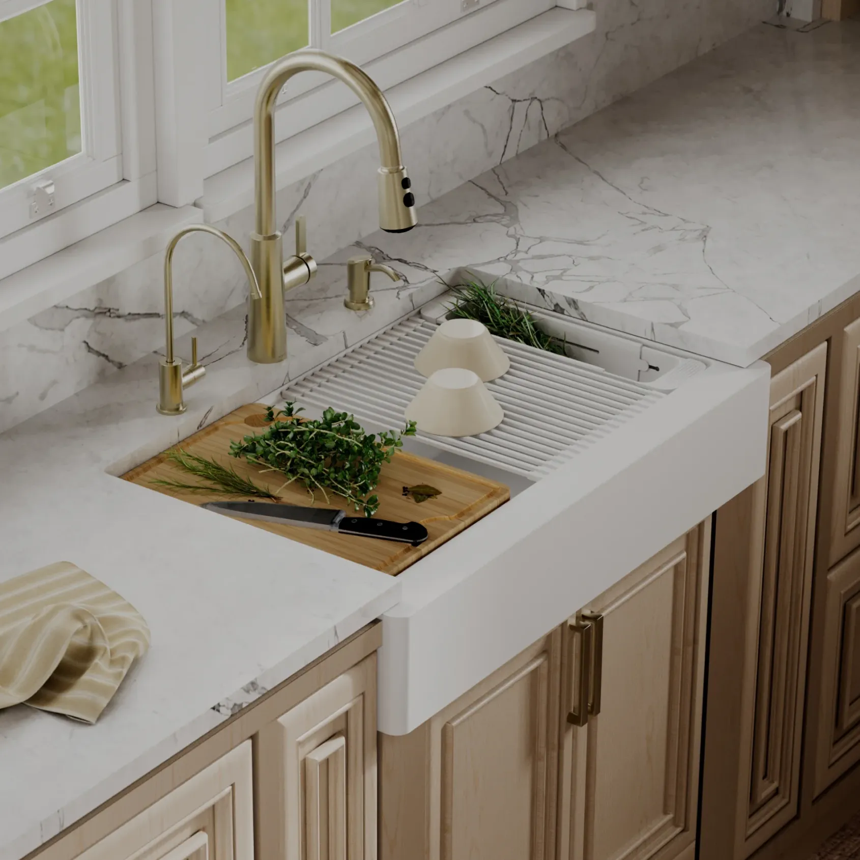 Karran 34" Quartz Composite Retrofit Workstation Farmhouse Sink, White, QARWS-740-WH-PK2