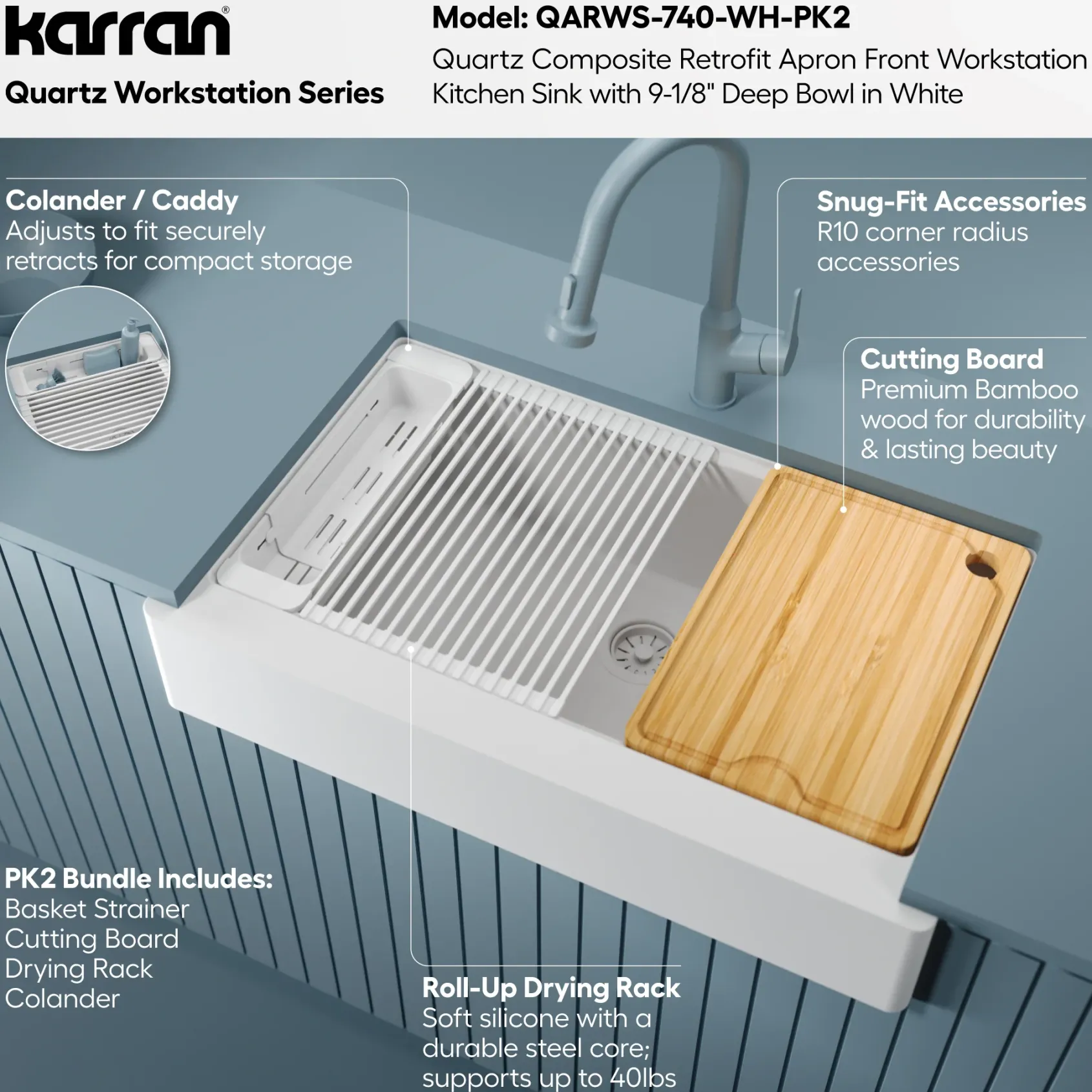 Karran 34" Quartz Composite Retrofit Workstation Farmhouse Sink, White, QARWS-740-WH-PK2
