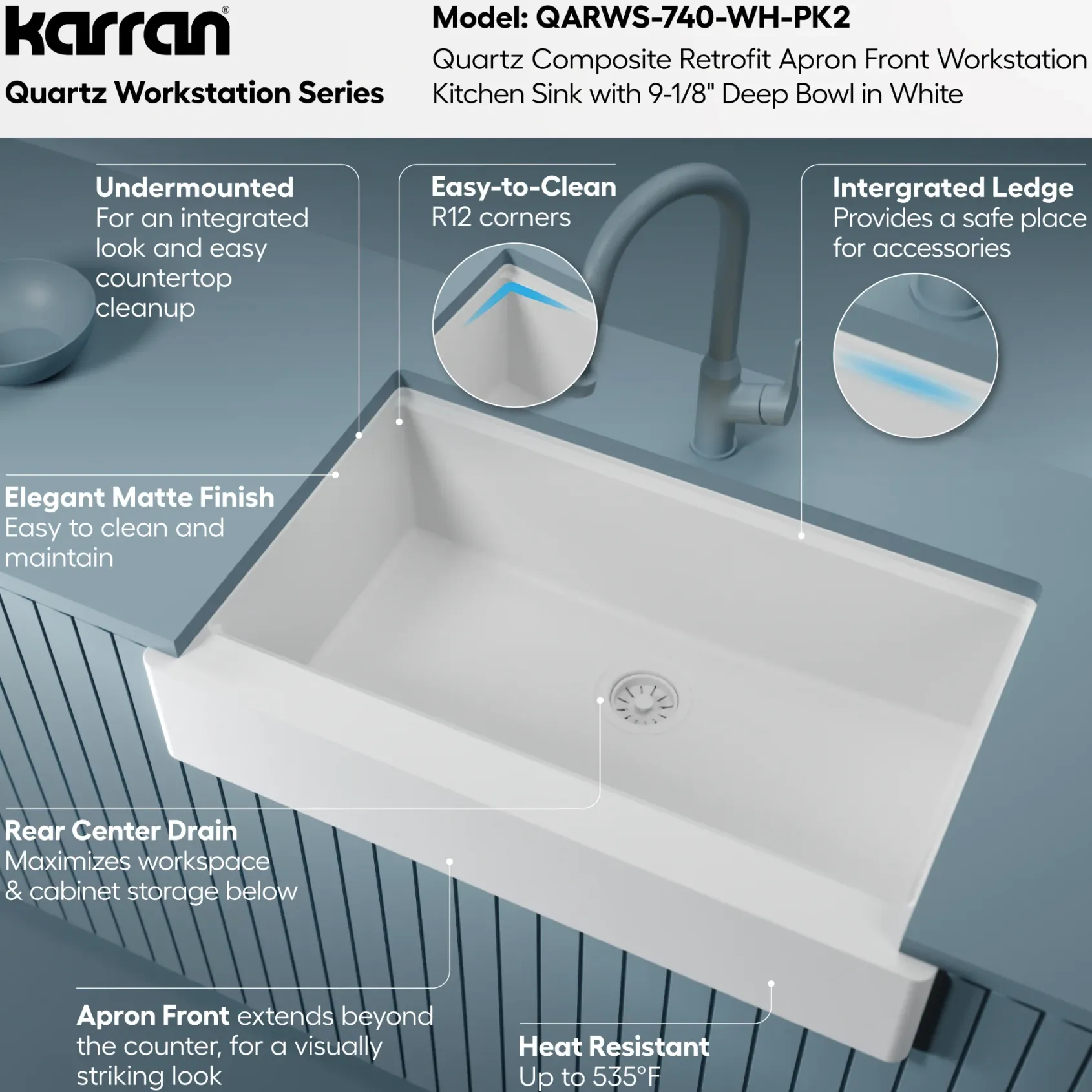 Karran 34" Quartz Composite Retrofit Workstation Farmhouse Sink, White, QARWS-740-WH-PK2