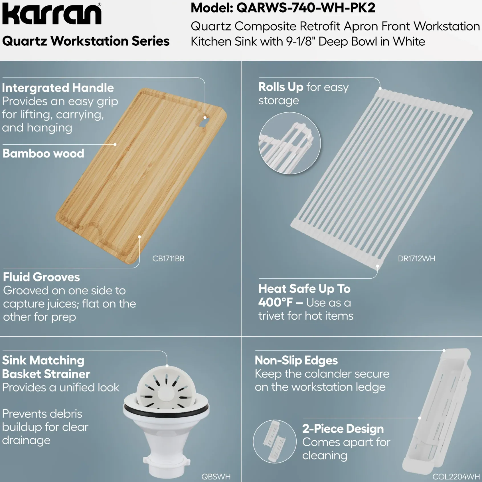 Karran 34" Quartz Composite Retrofit Workstation Farmhouse Sink, White, QARWS-740-WH-PK2