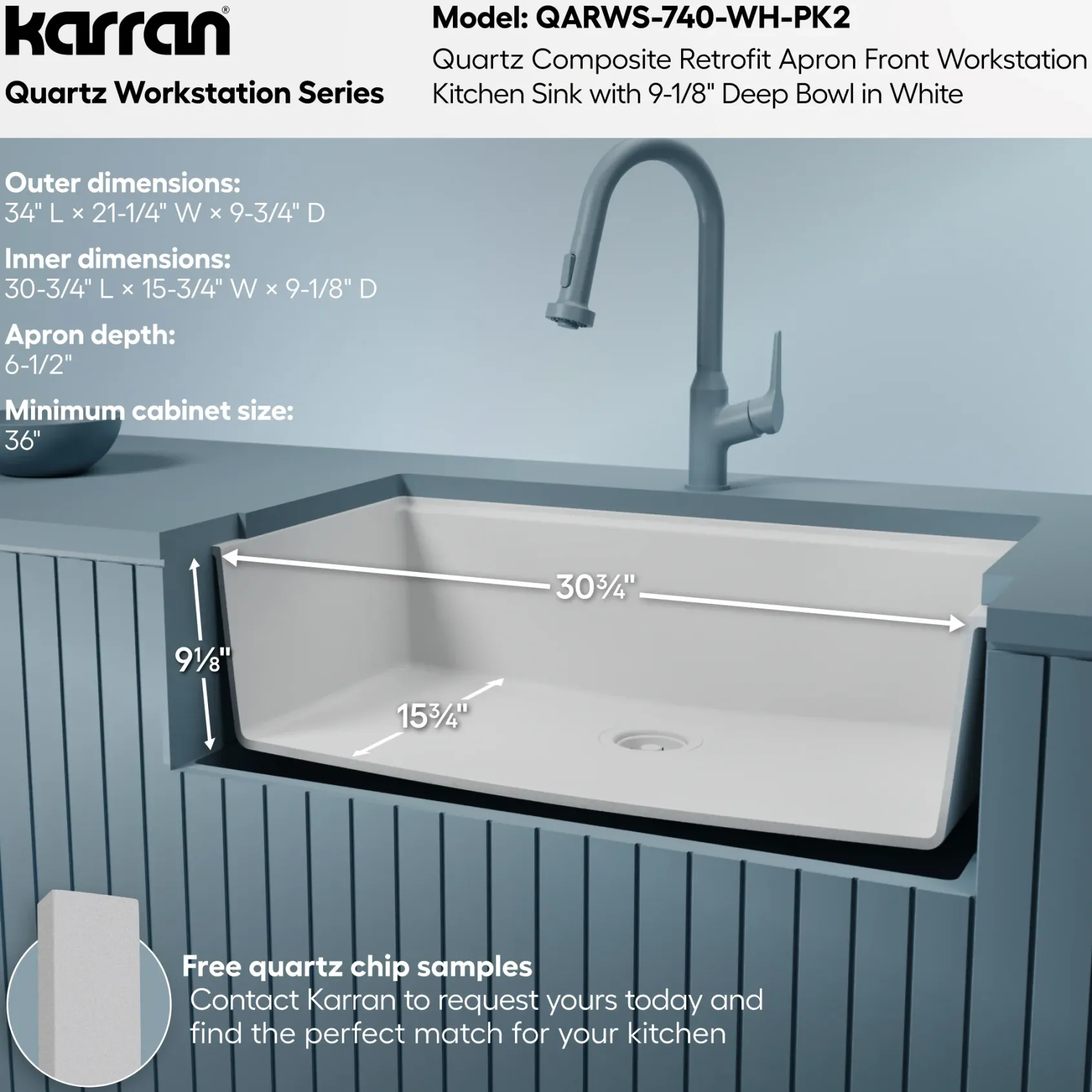 Karran 34" Quartz Composite Retrofit Workstation Farmhouse Sink, White, QARWS-740-WH-PK2