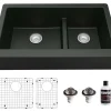 Karran 34" Quartz Composite Retrofit Farmhouse Sink, 60/40 Double Bowl, Black, QAR-760-BL-PK1