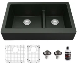 Karran 34" Quartz Composite Retrofit Farmhouse Sink, 60/40 Double Bowl, Black, QAR-760-BL-PK1