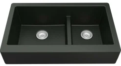 Karran 34" Quartz Composite Retrofit Farmhouse Sink, 60/40 Double Bowl, Black, QAR-760-BL-PK1