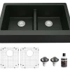 Karran 34" Quartz Composite Retrofit Farmhouse Sink, 50/50 Double Bowl, Black, QAR-750-BL-PK1