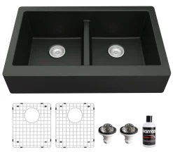 Karran 34" Quartz Composite Retrofit Farmhouse Sink, 50/50 Double Bowl, Black, QAR-750-BL-PK1