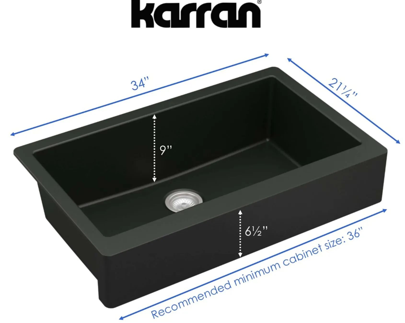 Karran 34" Quartz Composite Retrofit Farmhouse Sink, Black, QAR-740-BL-PK1
