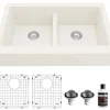 Karran 34" Quartz Composite Retrofit Farmhouse Sink, 50/50 Double Bowl, White, QAR-750-WH-PK1