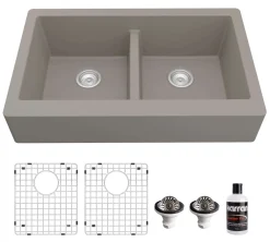 Karran 34" Quartz Composite Retrofit Farmhouse Sink, 50/50 Double Bowl, Concrete, QAR-750-CN-PK1