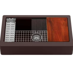 Karran 34" Quartz Composite Retrofit Workstation Farmhouse Sink with Accessories, Brown, QARWS-740-BR