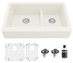 Karran 34" Quartz Composite Retrofit Farmhouse Sink, 60/40 Double Bowl, White, QAR-760-WH-PK1