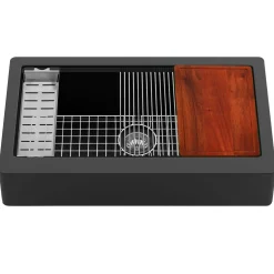 Karran 34" Quartz Composite Retrofit Workstation Farmhouse Sink with Accessories, Black, QARWS-740-BL