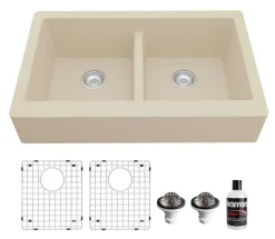 Karran 34" Quartz Composite Retrofit Farmhouse Sink, 50/50 Double Bowl, Bisque, QAR-750-BI-PK1