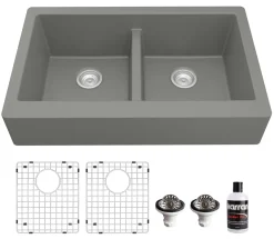 Karran 34" Quartz Composite Retrofit Farmhouse Sink, 50/50 Double Bowl, Grey, QAR-750-GR-PK1