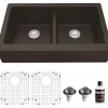 Karran 34" Quartz Composite Retrofit Farmhouse Sink, 50/50 Double Bowl, Brown, QAR-750-BR-PK1