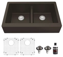 Karran 34" Quartz Composite Retrofit Farmhouse Sink, 50/50 Double Bowl, Brown, QAR-750-BR-PK1