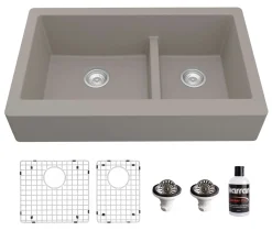 Karran 34" Quartz Composite Retrofit Farmhouse Sink, 60/40 Double Bowl, Concrete, QAR-760-CN-PK1