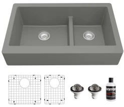 Karran 34" Quartz Composite Retrofit Farmhouse Sink, 60/40 Double Bowl, Grey, QAR-760-GR-PK1