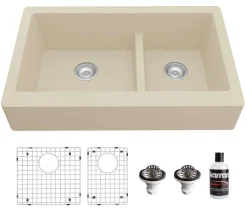 Karran 34" Quartz Composite Retrofit Farmhouse Sink, 60/40 Double Bowl, Bisque, QAR-760-BI-PK1