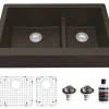 Karran 34" Quartz Composite Retrofit Farmhouse Sink, 60/40 Double Bowl, Brown, QAR-760-BR-PK1