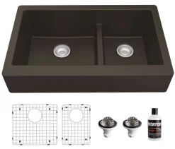 Karran 34" Quartz Composite Retrofit Farmhouse Sink, 60/40 Double Bowl, Brown, QAR-760-BR-PK1