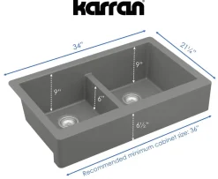 Karran 34" Quartz Composite Retrofit Farmhouse Sink, 50/50 Double Bowl, Grey, QAR-750-GR