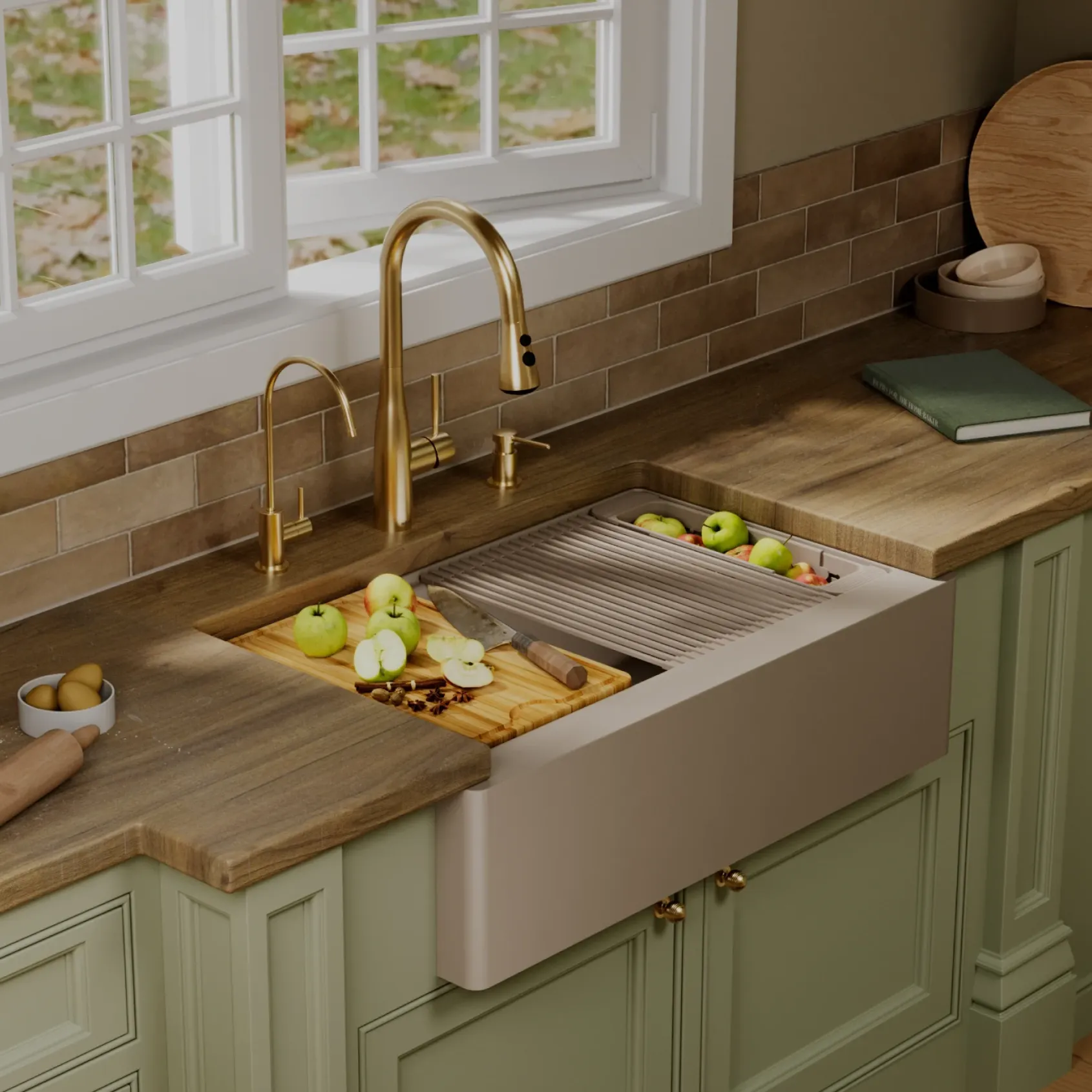 Karran 34" Quartz Composite Workstation Farmhouse Sink, Concrete, QAWS-740-CN-PK2