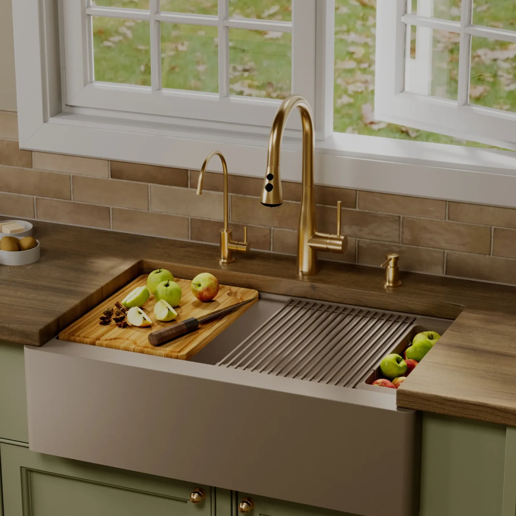 Karran 34" Quartz Composite Workstation Farmhouse Sink, Concrete, QAWS-740-CN-PK2