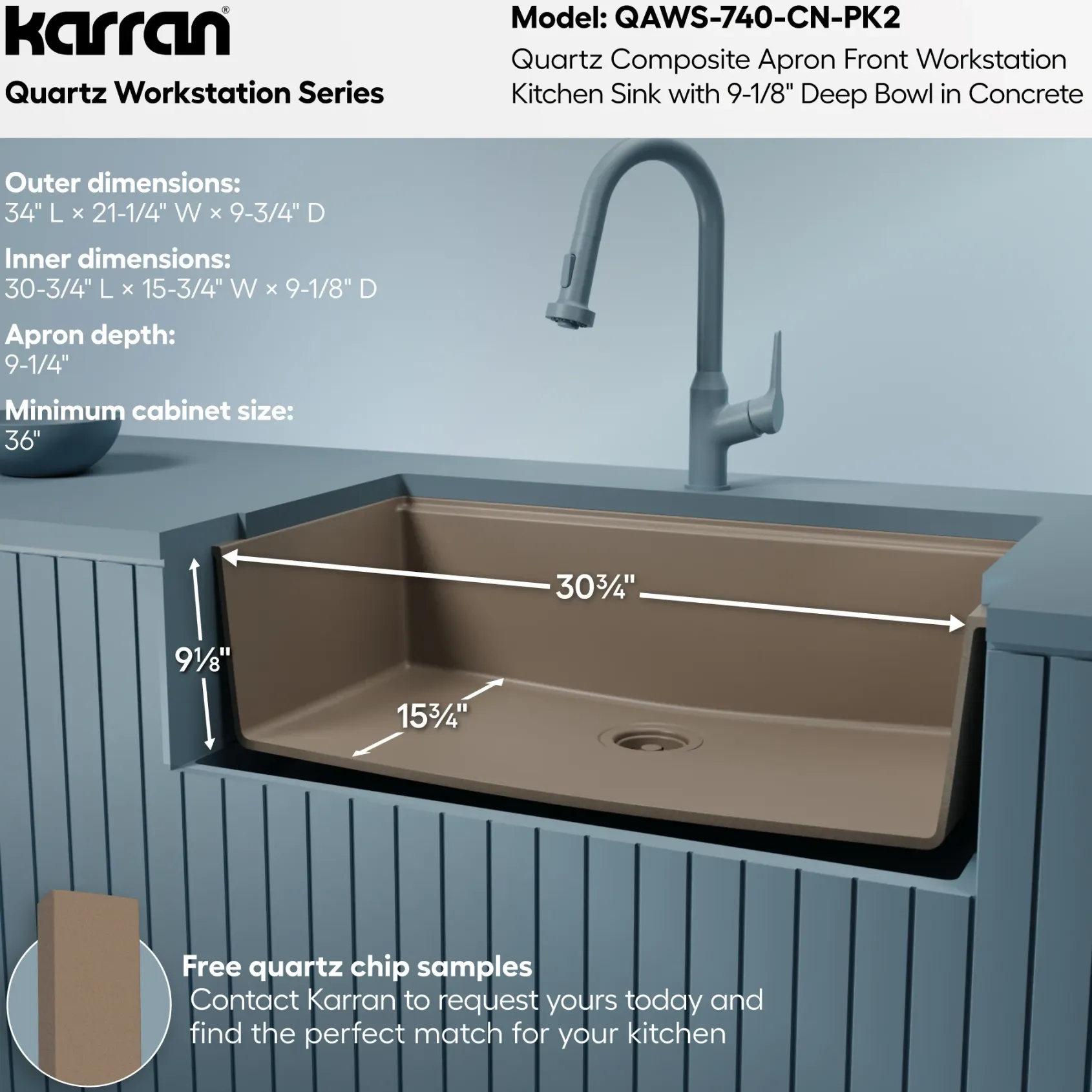 Karran 34" Quartz Composite Workstation Farmhouse Sink, Concrete, QAWS-740-CN-PK2