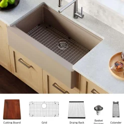 Karran 34" Quartz Composite Workstation Farmhouse Sink with Accessories, Concrete, QAWS-740-CN