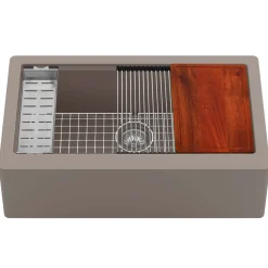 Karran 34" Quartz Composite Workstation Farmhouse Sink with Accessories, Concrete, QAWS-740-CN