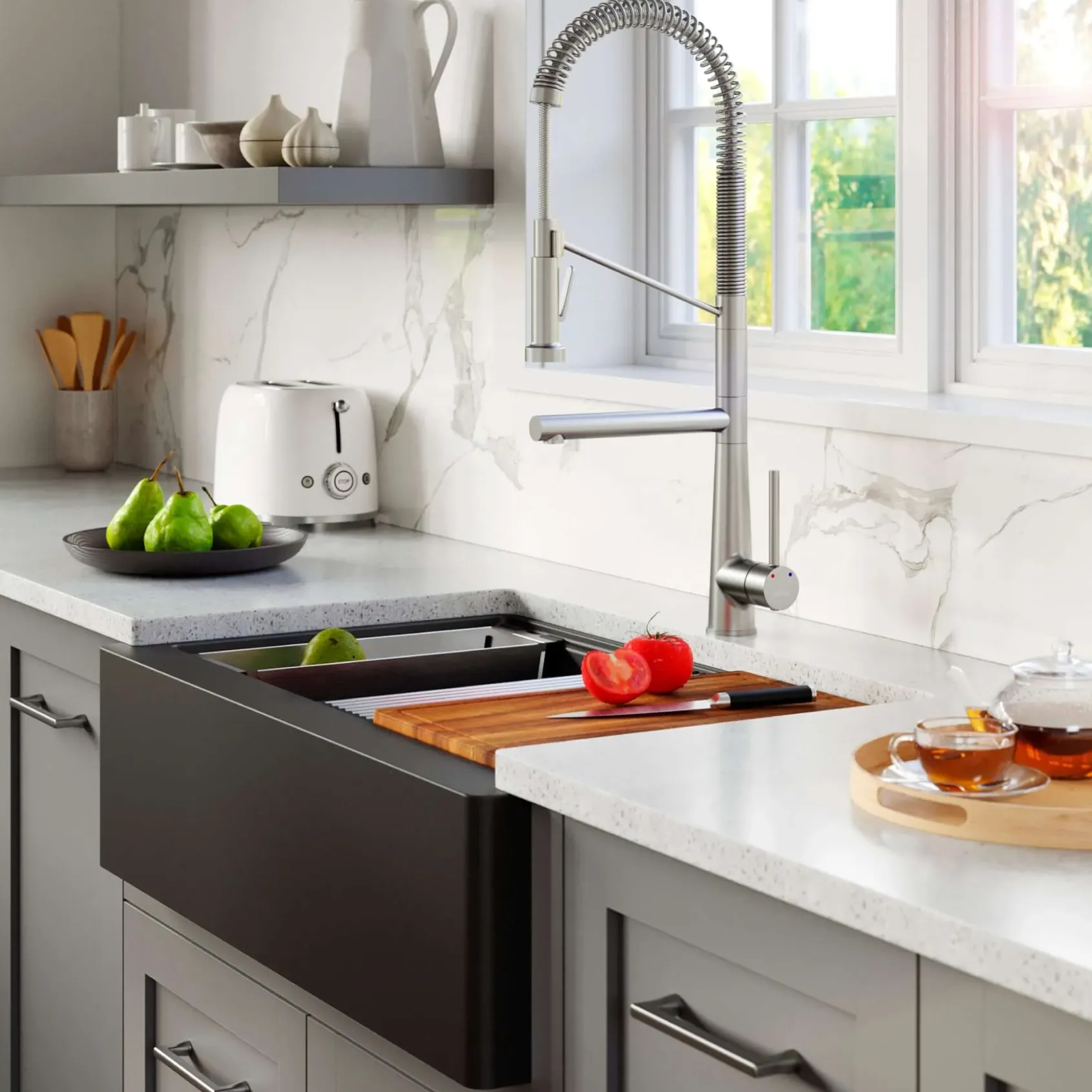 Karran 34" Quartz Composite Workstation Farmhouse Sink with Accessories, Black, QAWS-740-BL