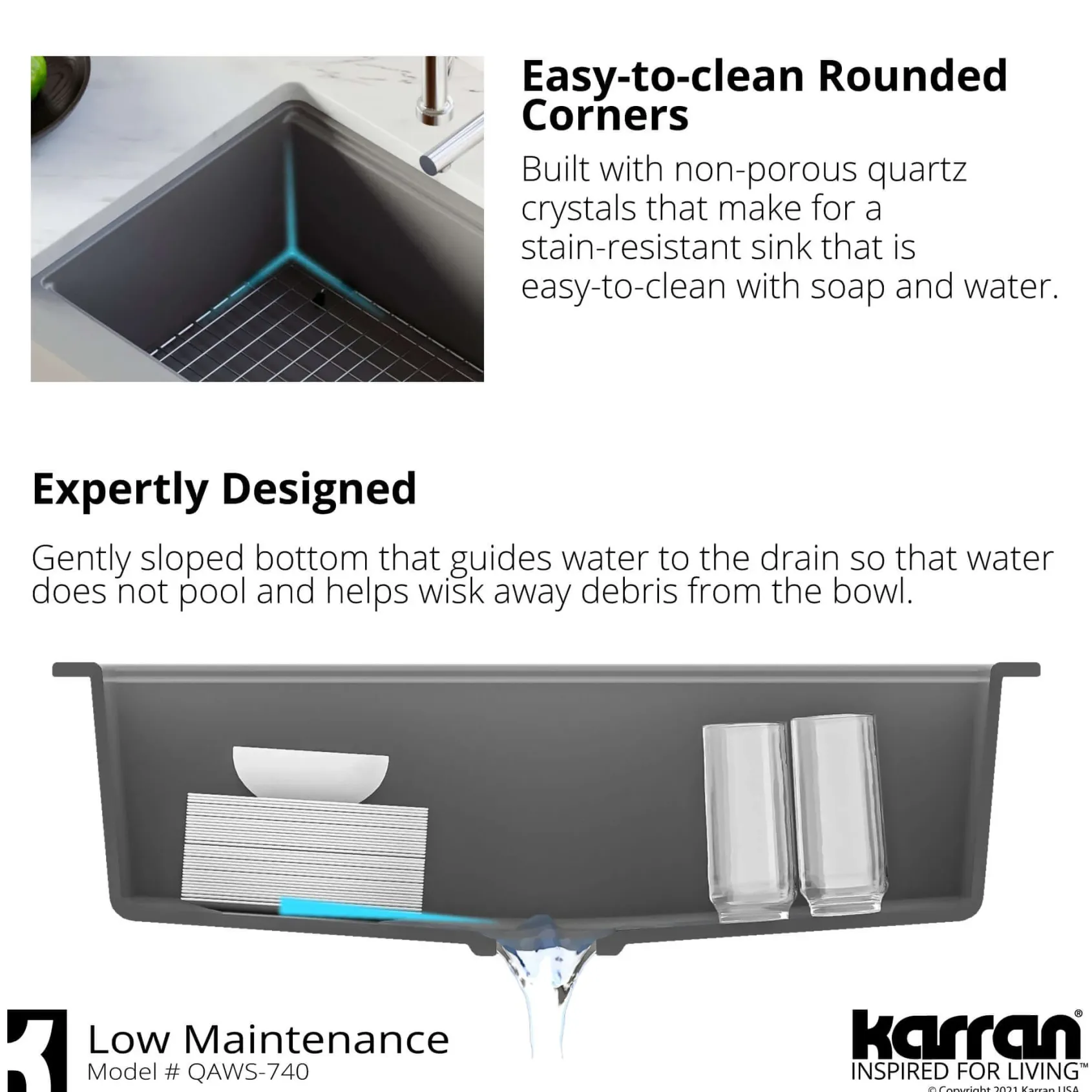Karran 34" Quartz Composite Workstation Farmhouse Sink with Accessories, Black, QAWS-740-BL