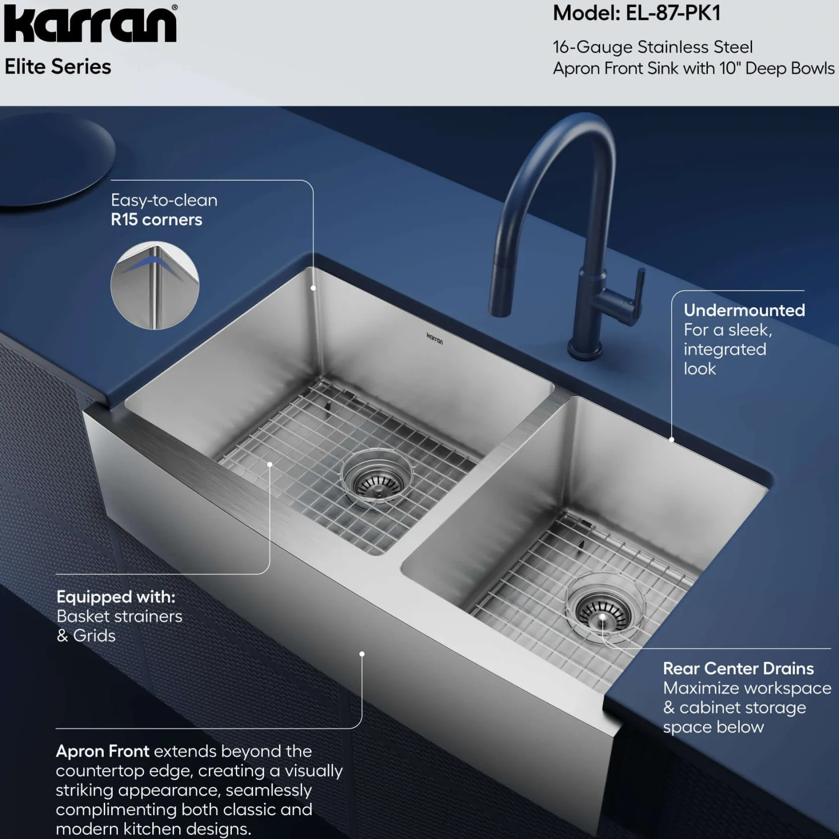 Karran 36" Stainless Steel Farmhouse Sink with Accessories, 60/40 Double Bowl, 16 Gauge, EL-87-PK1