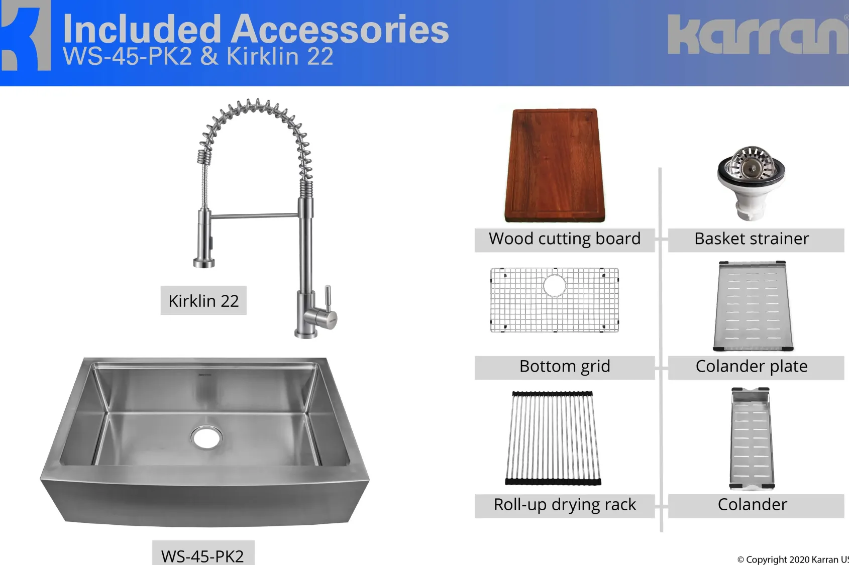 Karran 33" Stainless Steel Workstation Farmhouse Sink with Faucet and Accessories, 16 Gauge, WS-45-PK2