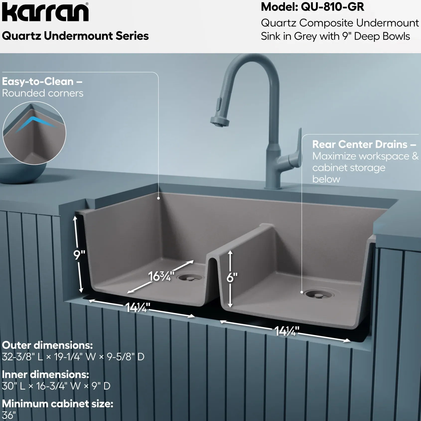 Karran 32" Undermount Quartz Composite Kitchen Sink, 50/50 Double Bowl, Grey, QU-810-GR