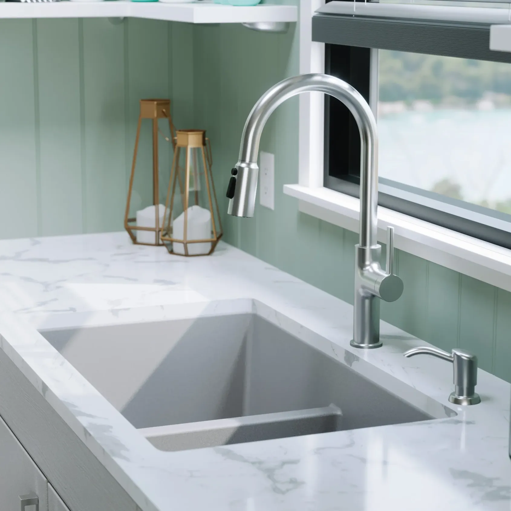 Karran 32" Undermount Quartz Composite Kitchen Sink, 50/50 Double Bowl, Grey, QU-810-GR