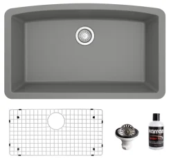 Karran 32" Undermount Quartz Composite Kitchen Sink, Grey, QU-712-GR-PK1