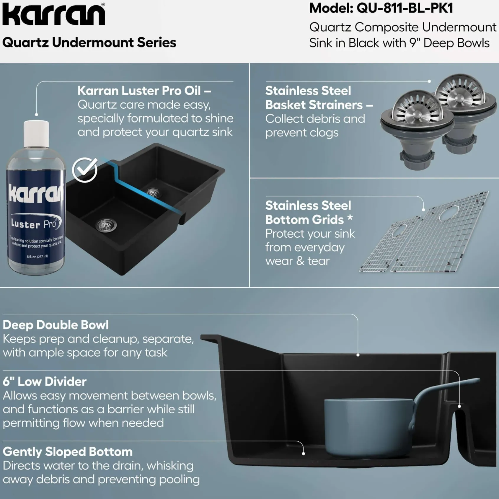 Karran 32" Undermount Quartz Composite Kitchen Sink with Accessories, 60/40 Double Bowl, Black, QU-811-BL-PK1