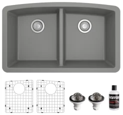 Karran 33" Undermount Quartz Composite Kitchen Sink, 50/50 Double Bowl, Grey, QU-710-GR-PK1