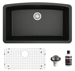 Karran 32" Undermount Quartz Composite Kitchen Sink, Black, QU-712-BL-PK1