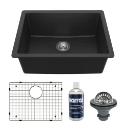 Karran 24" Undermount Quartz Composite Kitchen Sink with Accessories, Black, QU-820-BL-PK1
