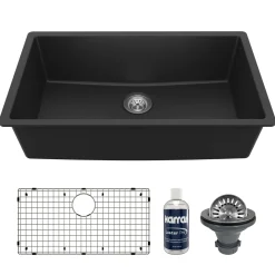 Karran 32" Undermount Quartz Composite Kitchen Sink with Accessories, Black, QU-812-BL-PK1