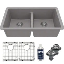 Karran 32" Undermount Quartz Composite Kitchen Sink with Accessories, 50/50 Double Bowl, Grey, QU-810-GR-PK1